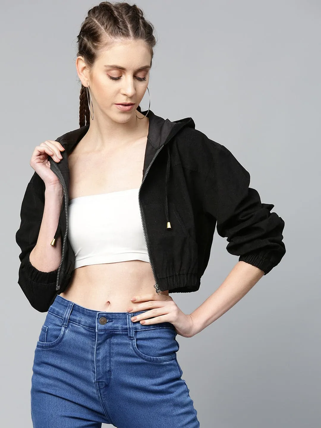 Black Hooded Boxy Corduroy Crop Jacket