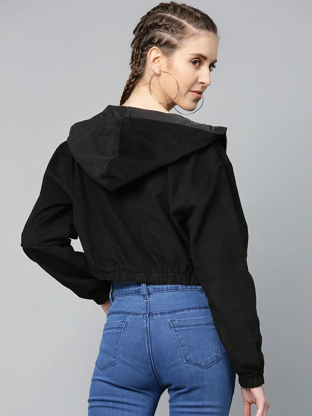 Black Hooded Boxy Corduroy Crop Jacket