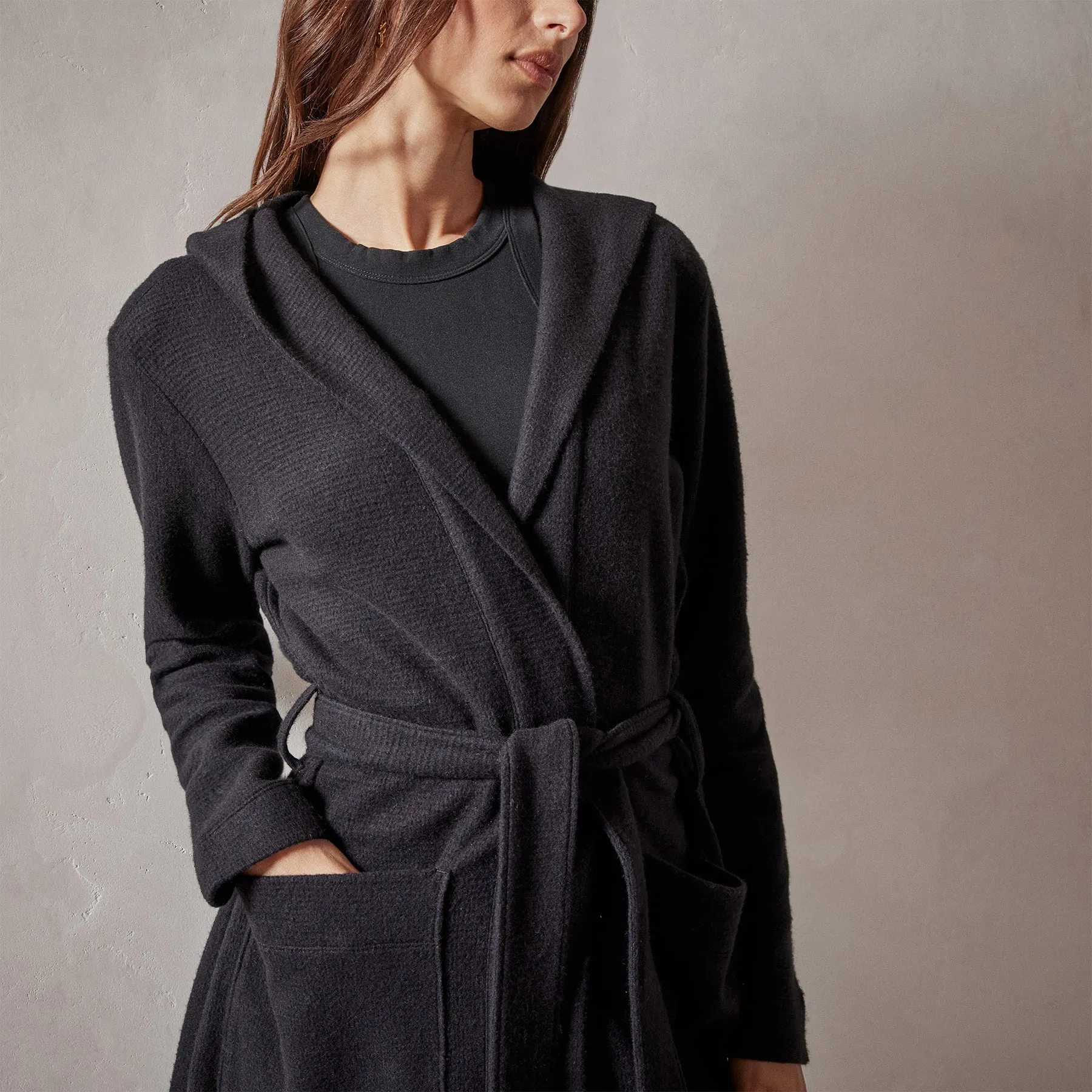 Brushed Thermal Knit Hooded Robe - Black