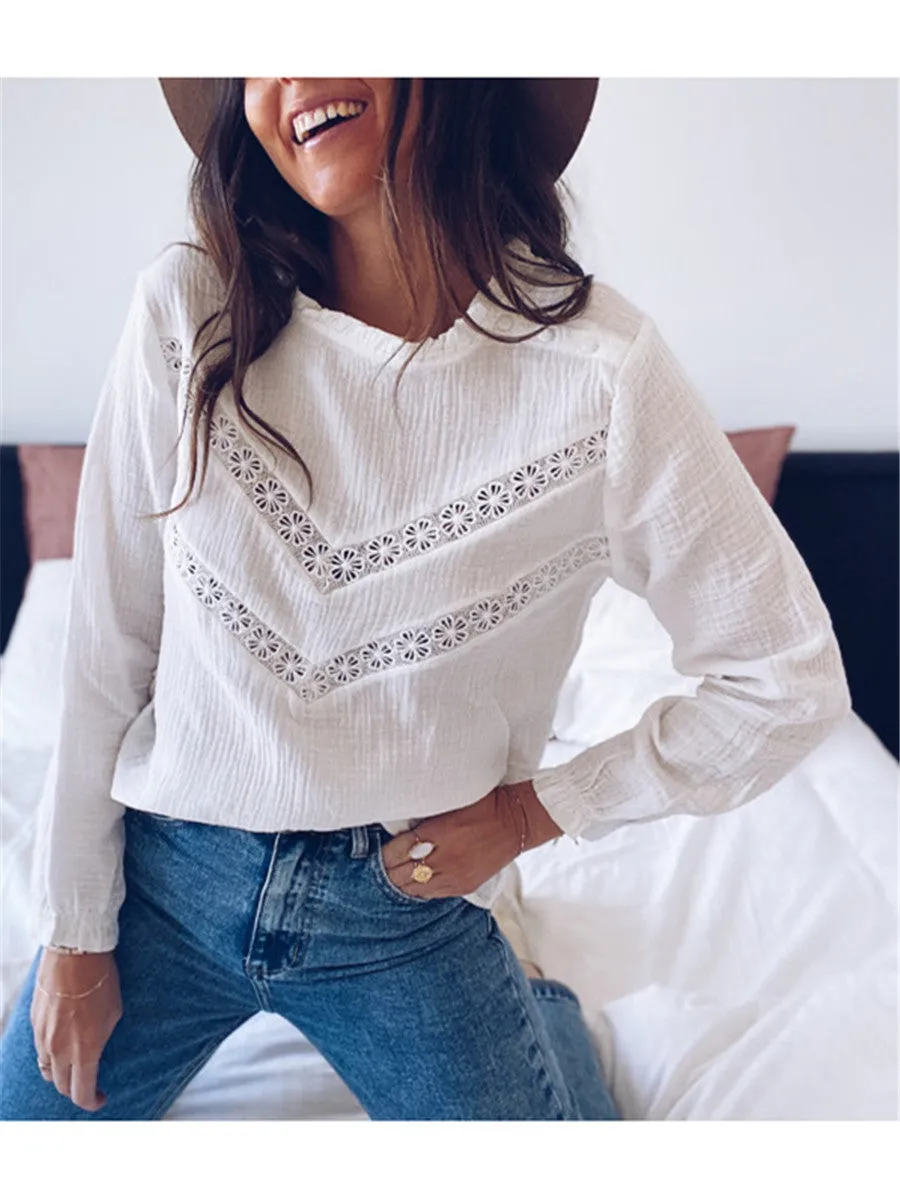 Casual Half High Collar Hollow Long Sleeve Shirt