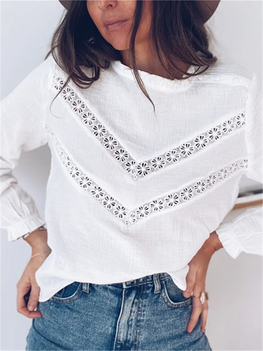 Casual Half High Collar Hollow Long Sleeve Shirt