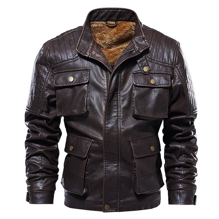 Casual Retro Multi-pocket Thick Men's Leather Jacket