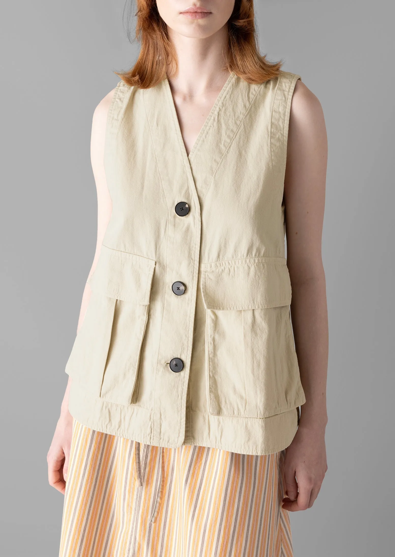 Cotton Linen Canvas Gilet | Wood Ash