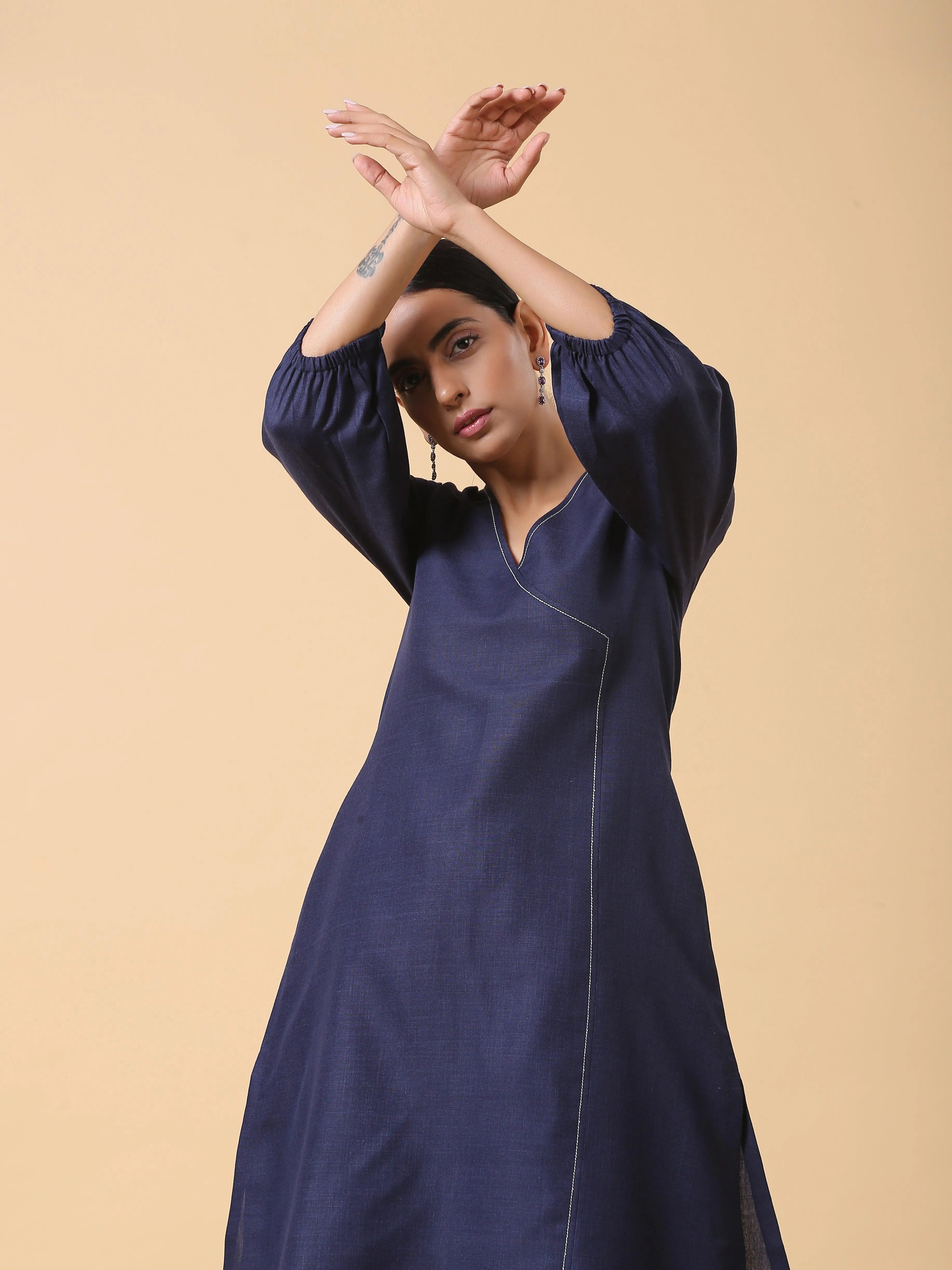 Cotton Linen Dark Blue Kurta Pant Set