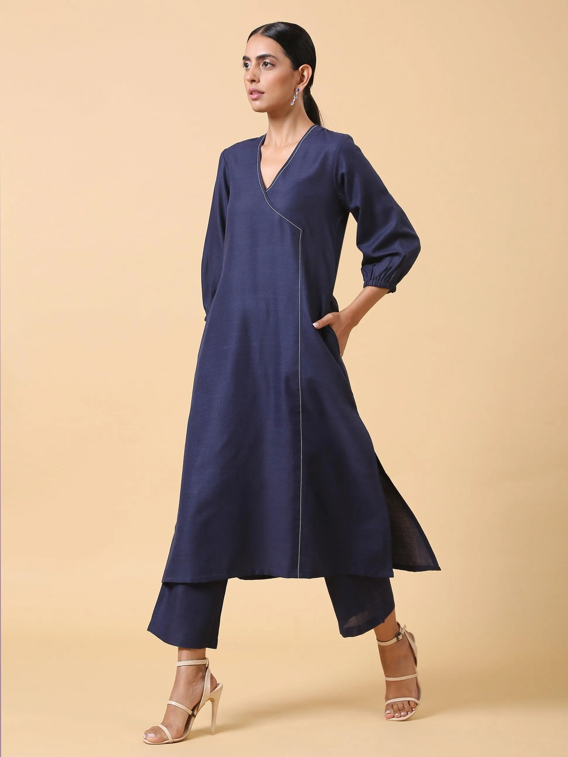 Cotton Linen Dark Blue Kurta Pant Set