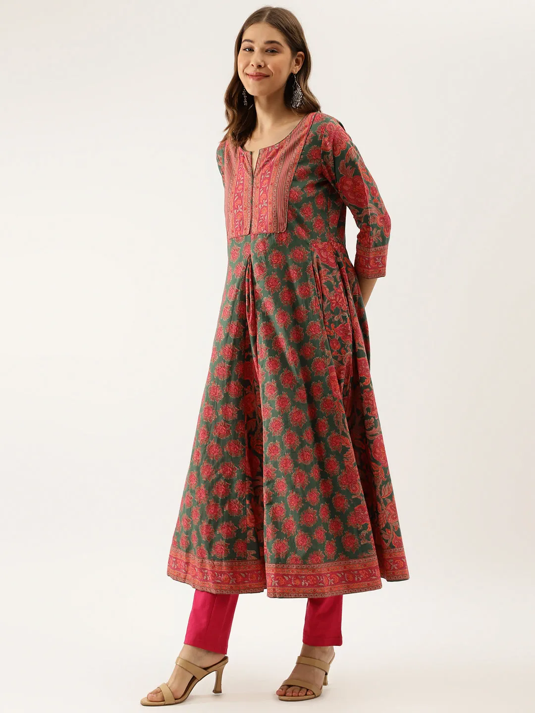 Divena Green Floral Printed Flared Kurta Dress for Women