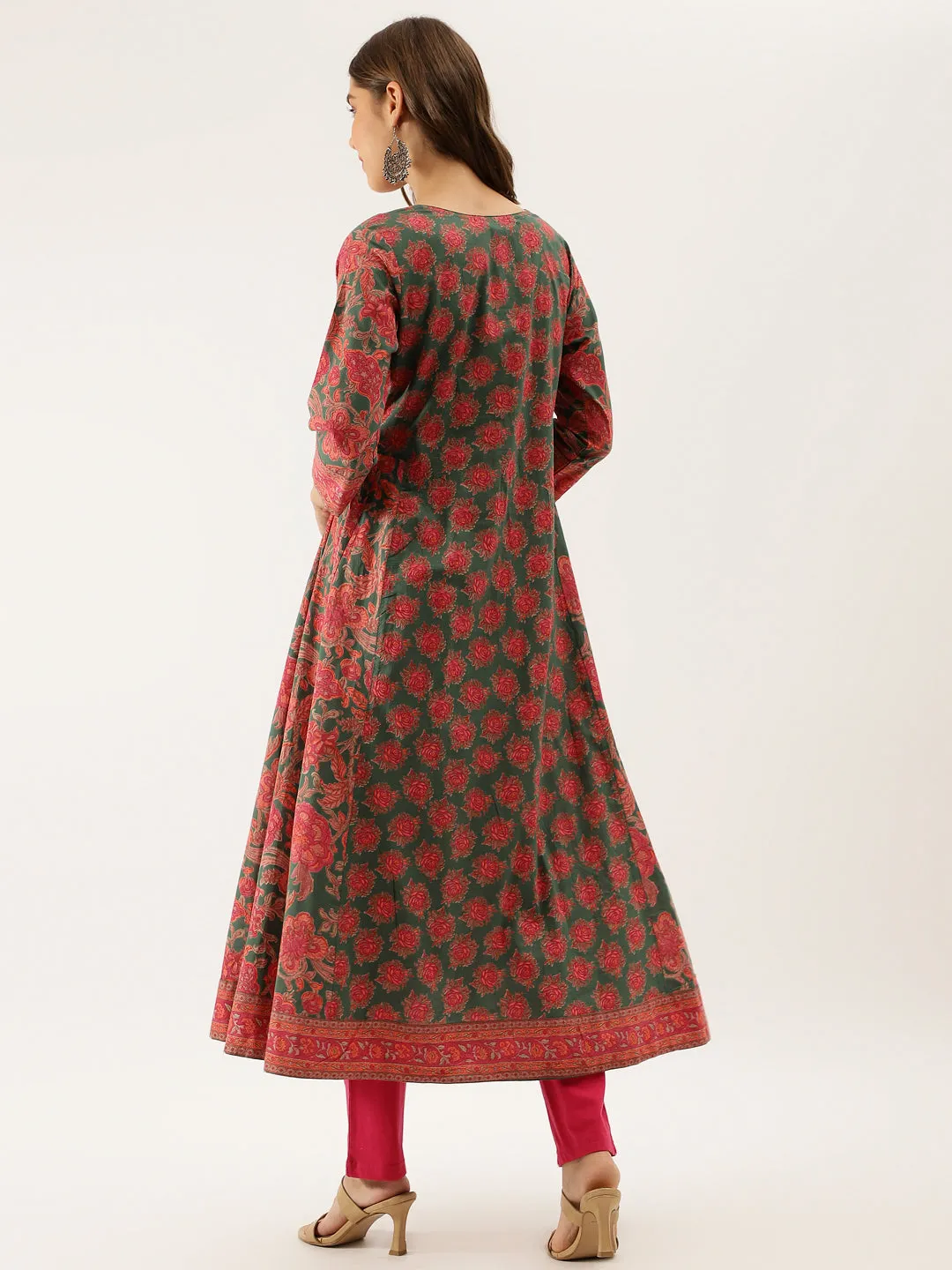 Divena Green Floral Printed Flared Kurta Dress for Women