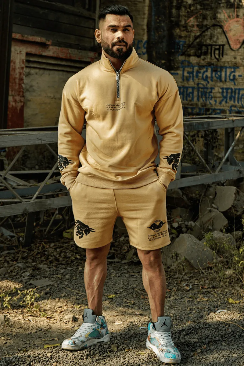 Double Handed Bull Half Zip Shorts Coord (BEIGE)