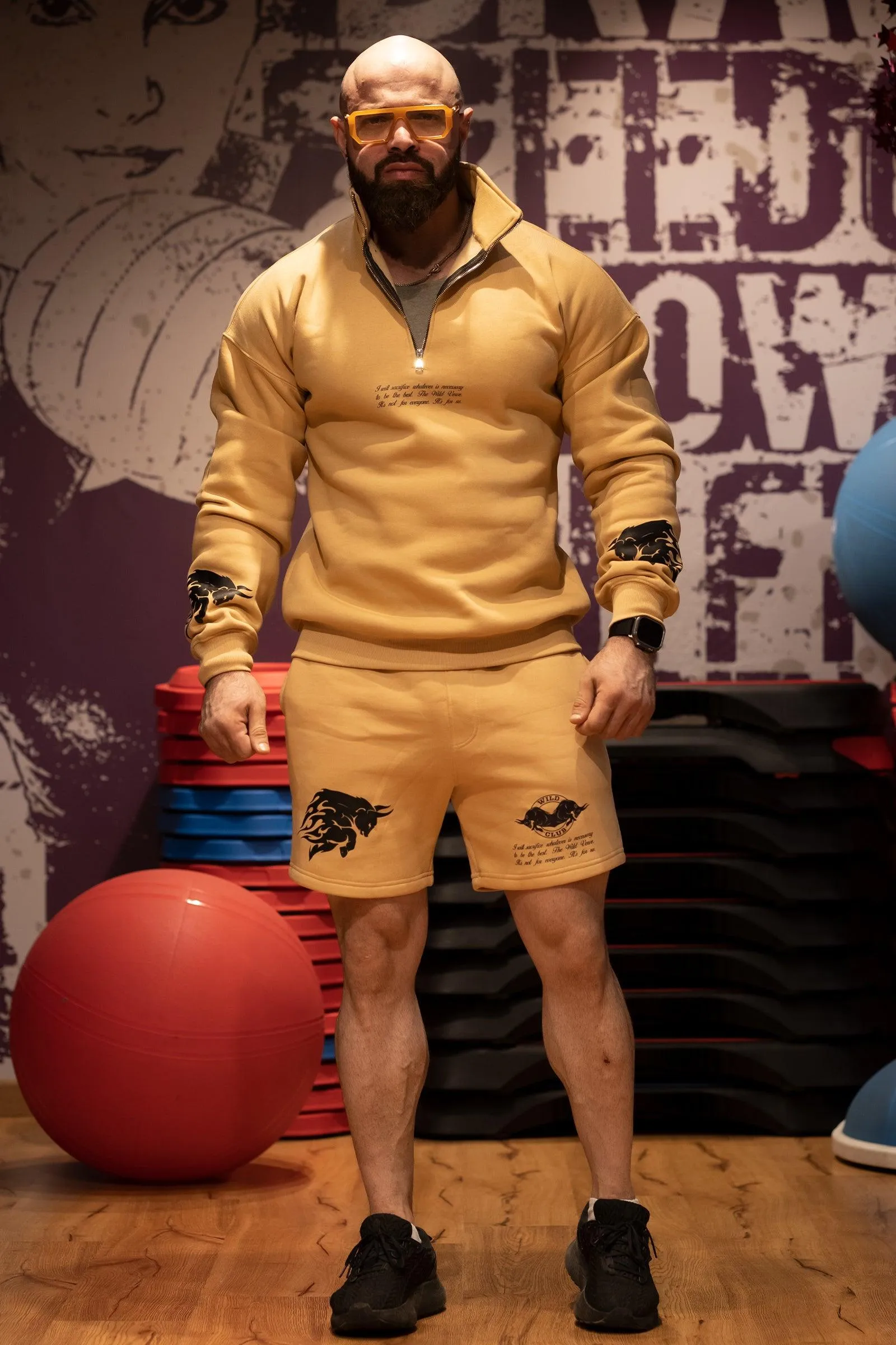 Double Handed Bull Half Zip Shorts Coord (BEIGE)