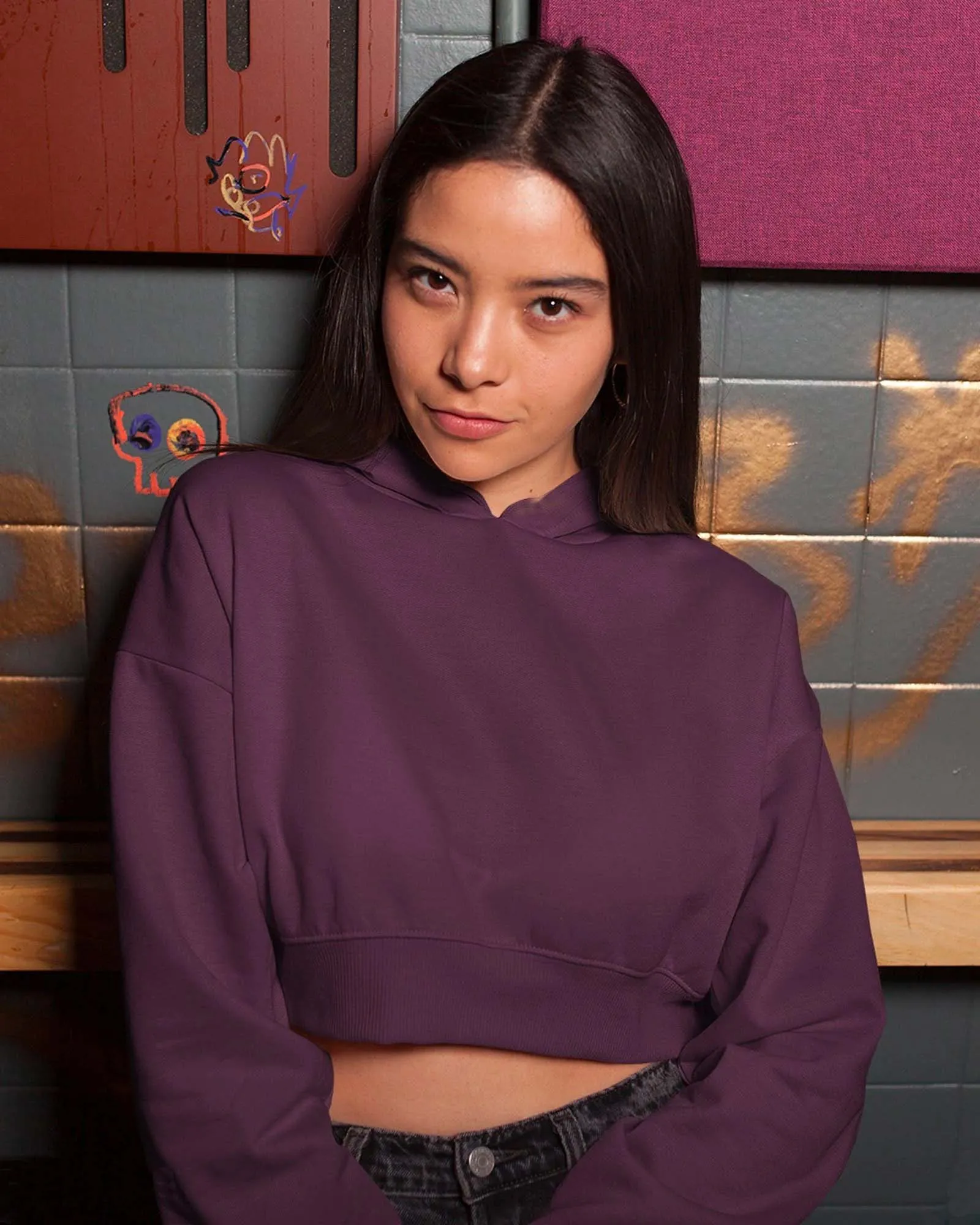 Drop Shoulder Crop Hoodie: Wine