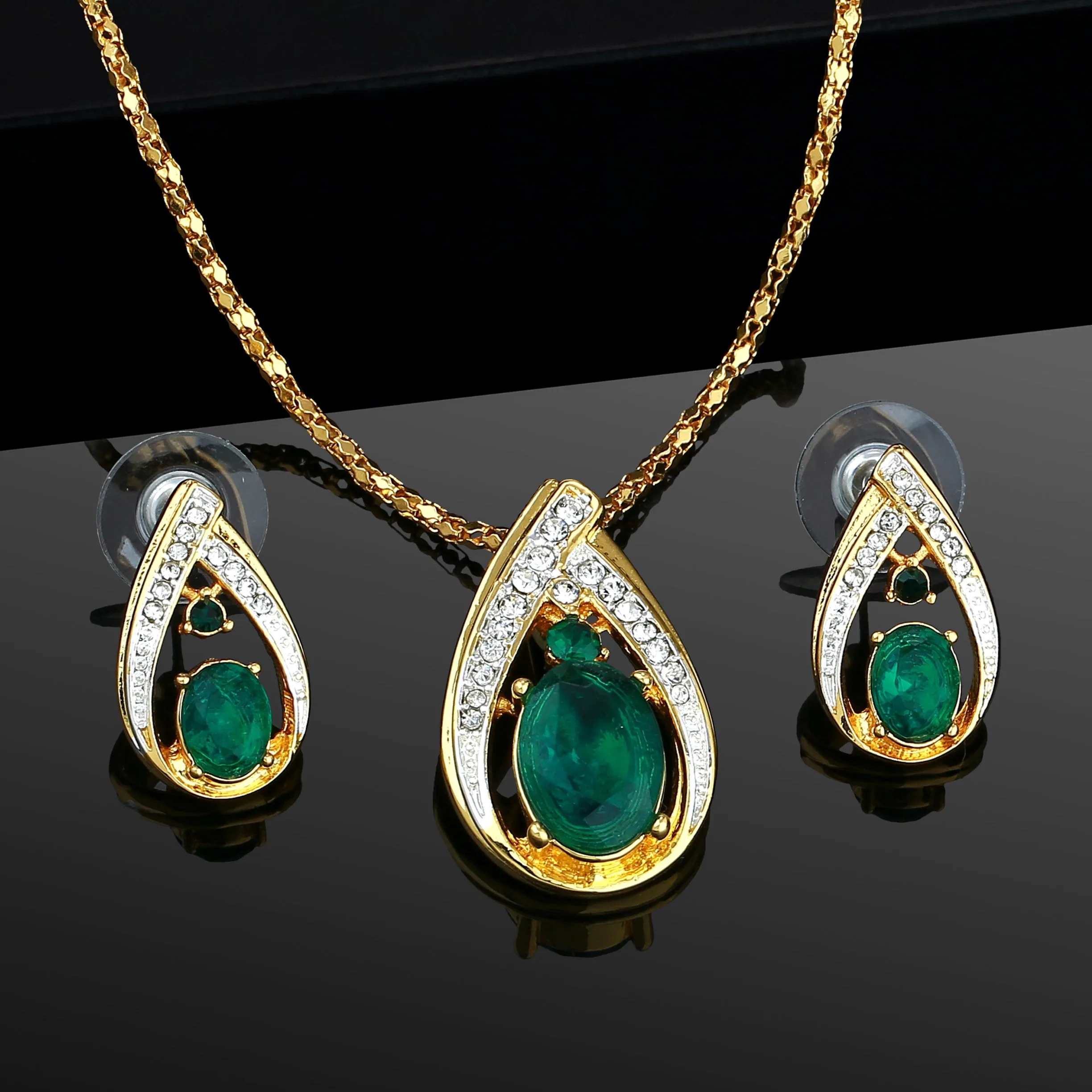 Estele Gold & Rhodium Plated Trendy Drop Shaped Pendant Set with Emerald Stone for Women / Girls