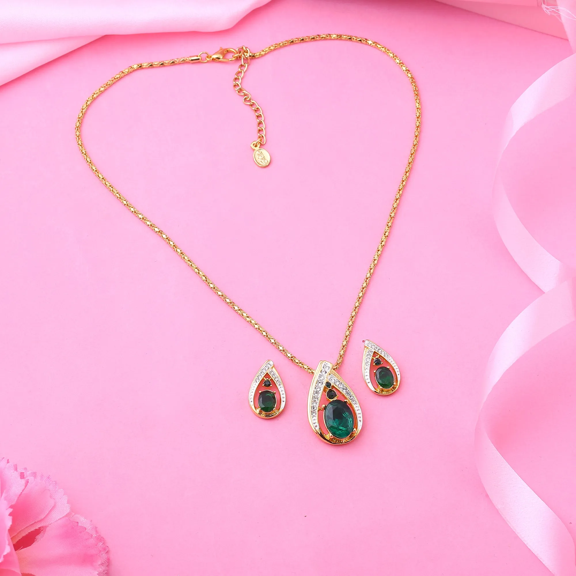 Estele Gold & Rhodium Plated Trendy Drop Shaped Pendant Set with Emerald Stone for Women / Girls