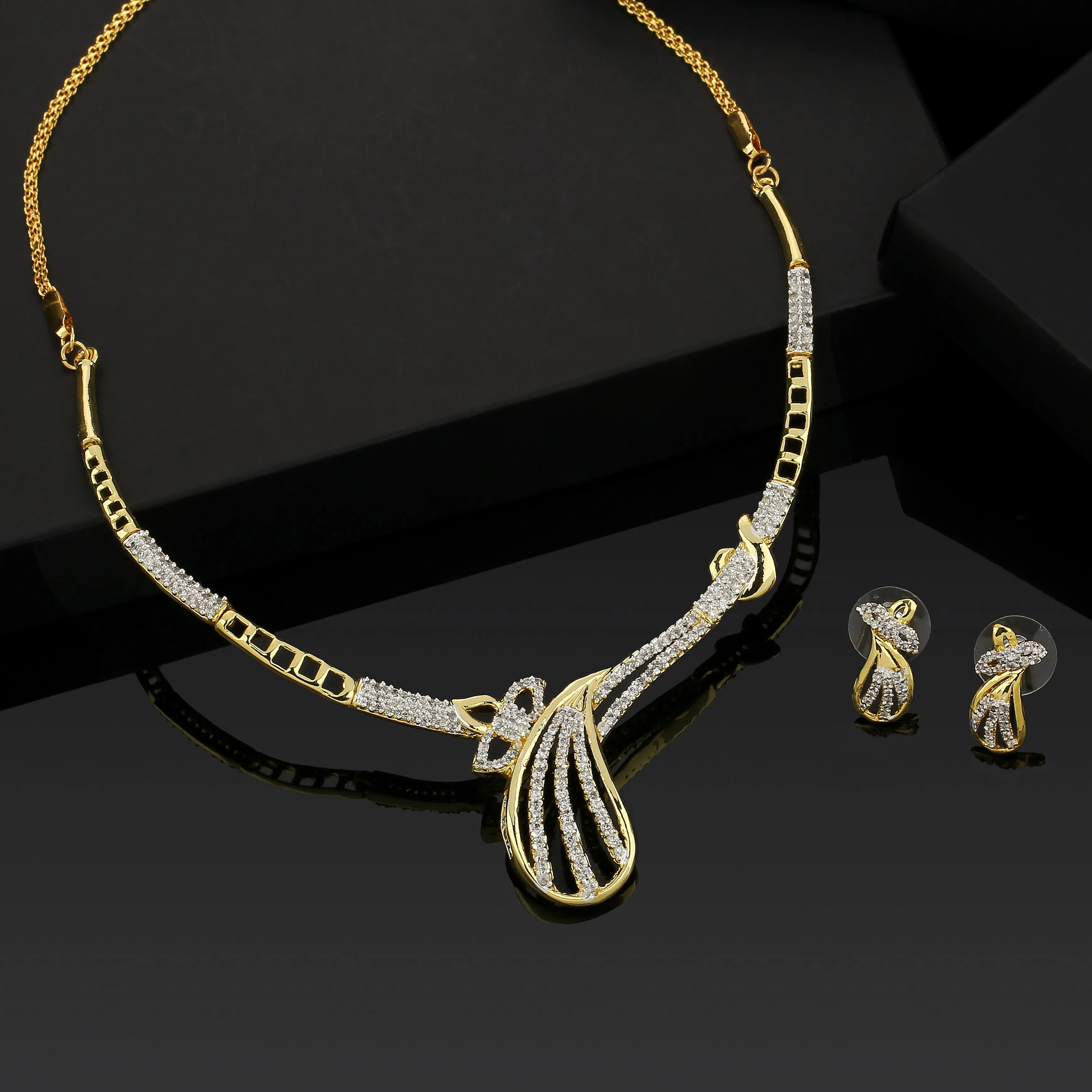 Estele Gold Plated American Diamond in Mango leaf shape Necklace Set for Women