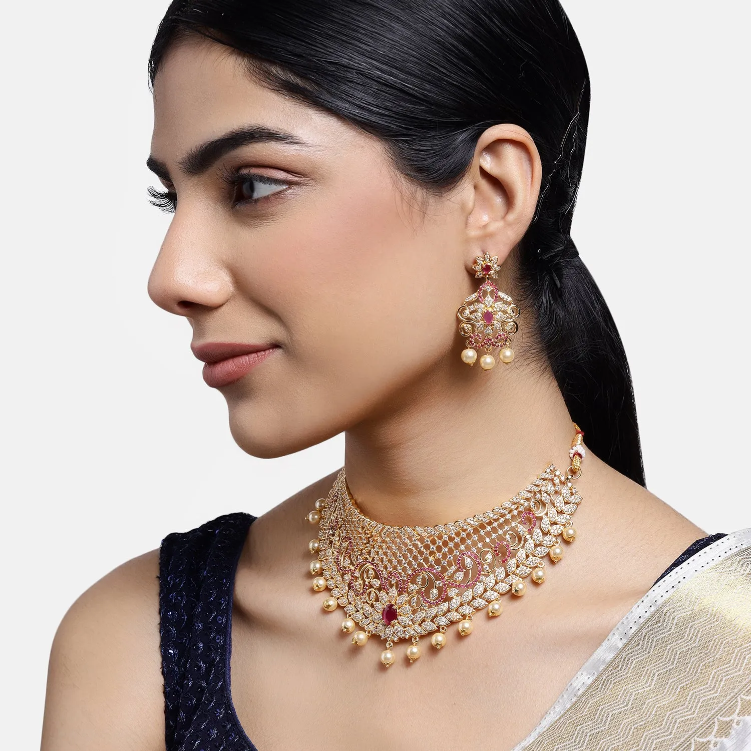 Estele Gold Plated CZ Bridal Choker Necklace Set with Red Crystals & Pearls for Women