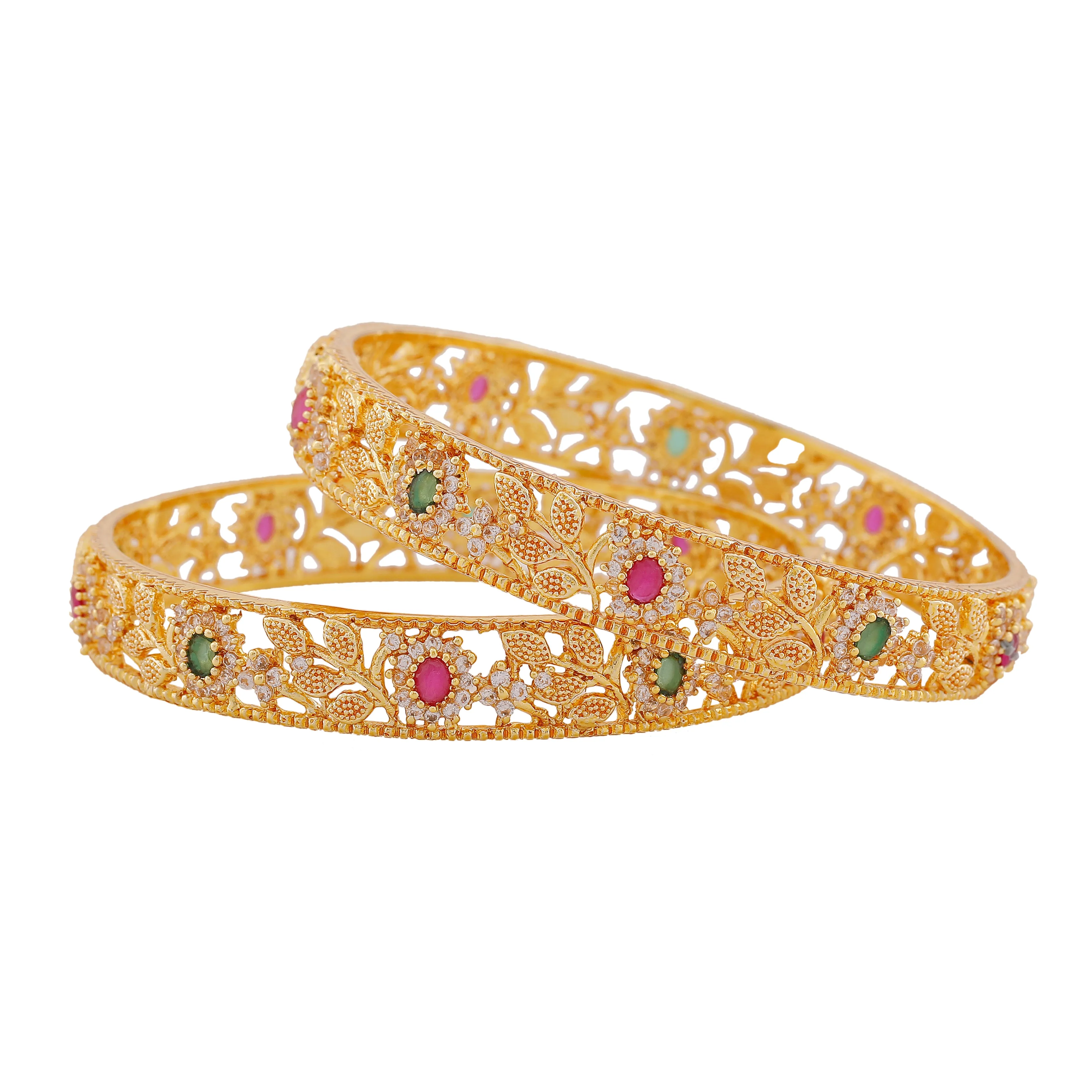 Estele Gold Plated CZ Flower Designer Bangles for Women