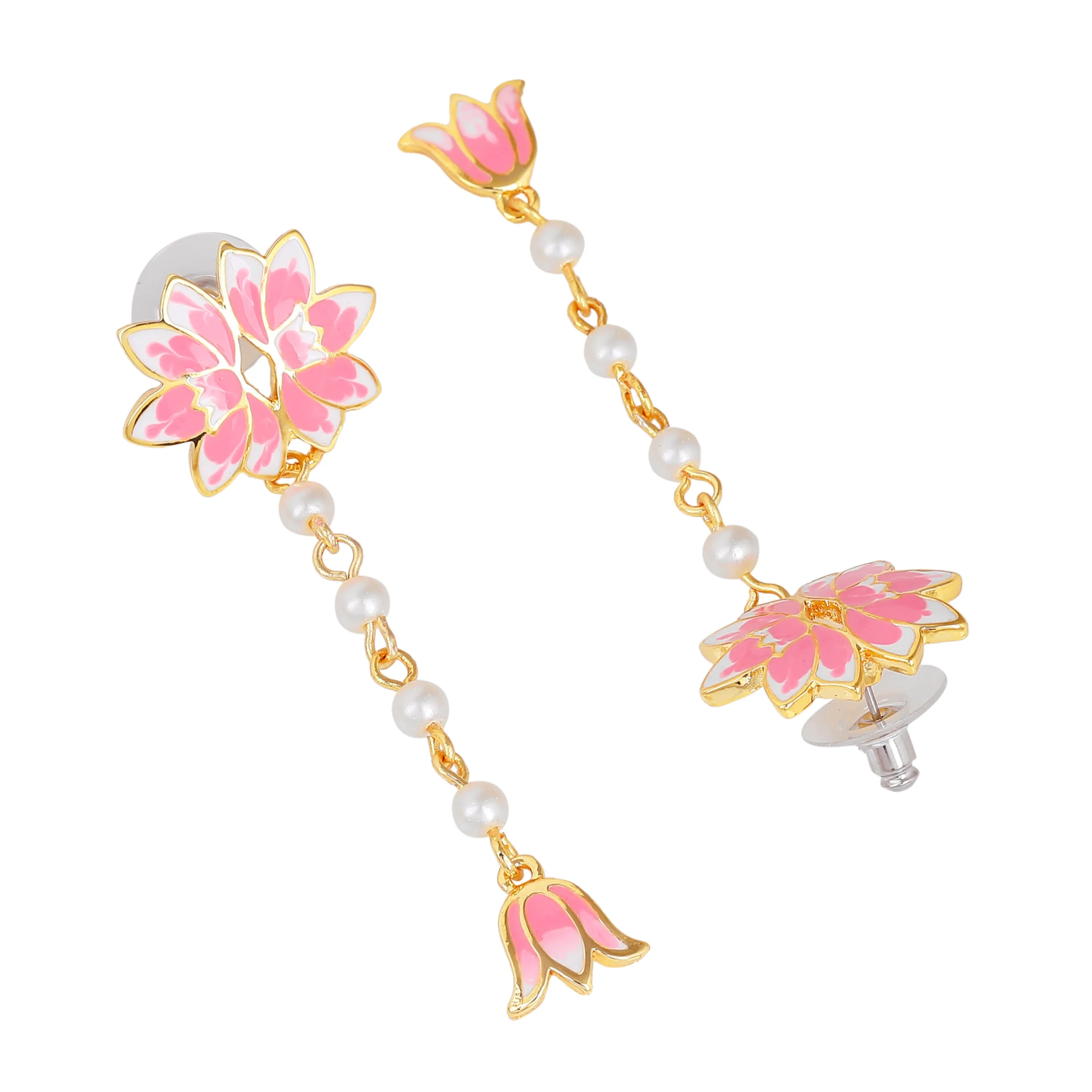 Estele Gold Plated Enchanting Lotus Designer Pearl Necklace Set with Pink Enamel for Girl's & Women