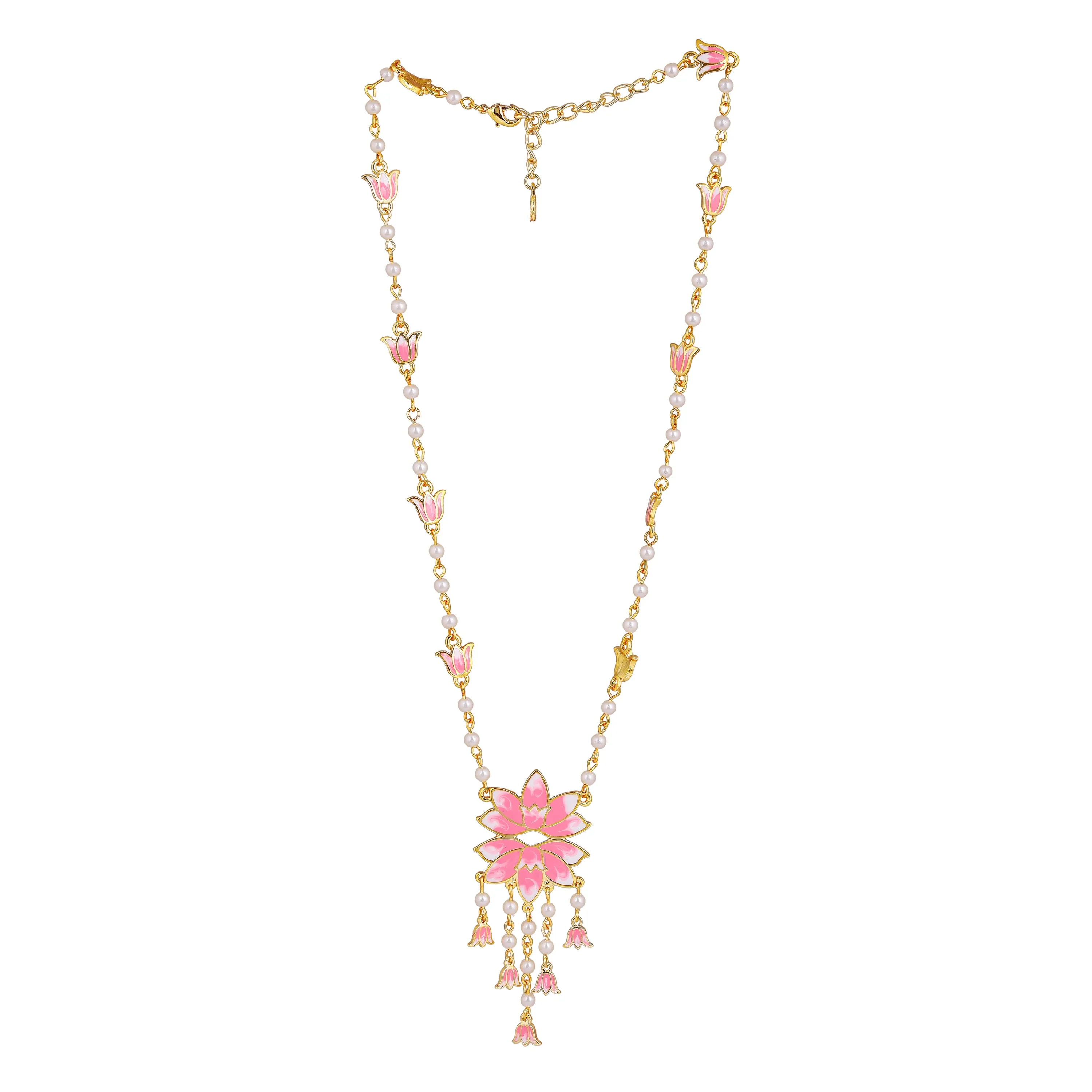 Estele Gold Plated Enchanting Lotus Designer Pearl Necklace Set with Pink Enamel for Girl's & Women