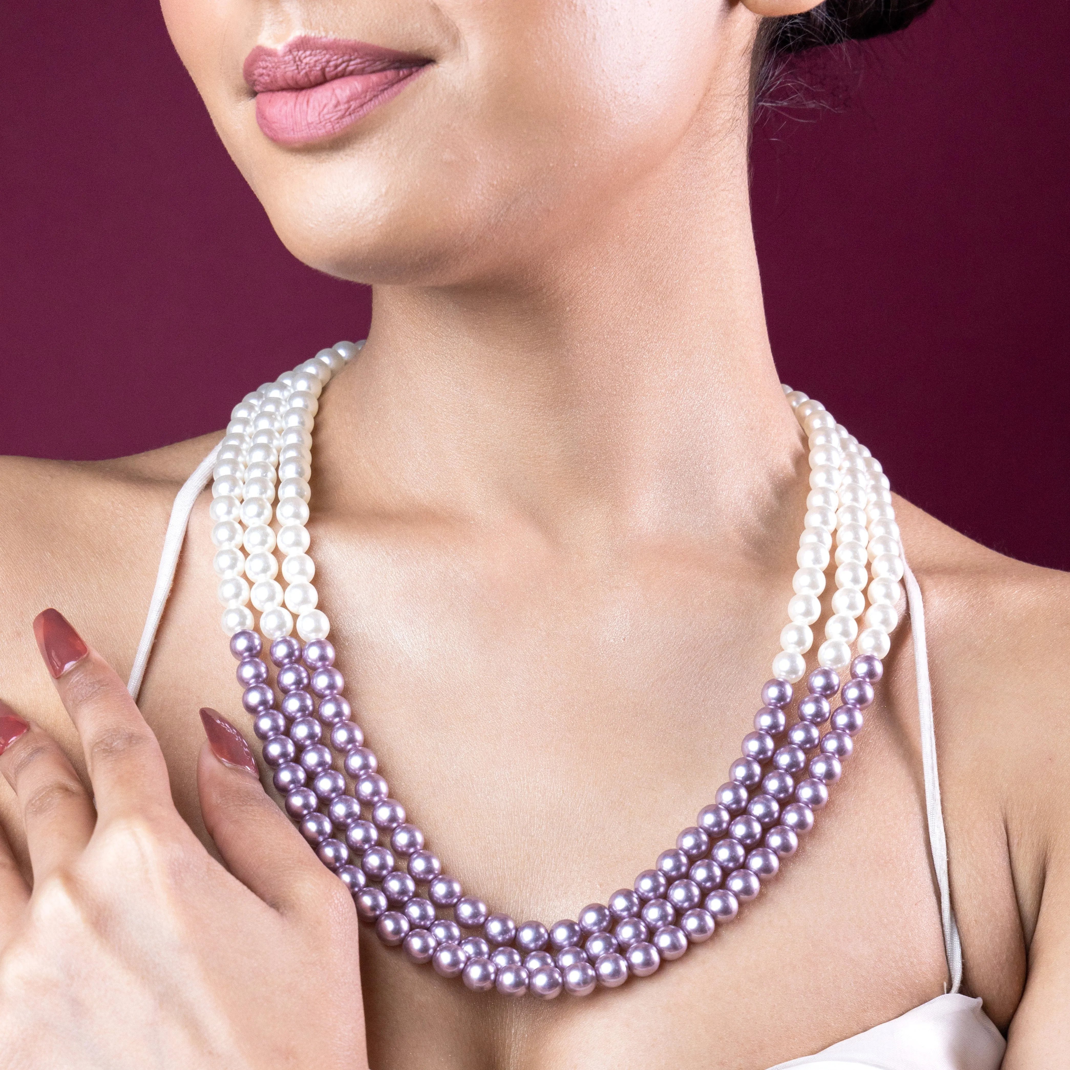 Estele -Handcrafted Grey And White three layered Pearl Necklace