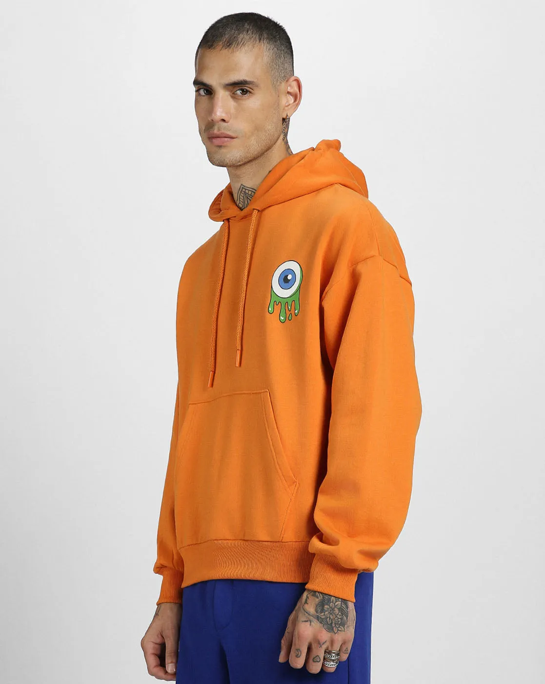 Eye Orange Oversized Pocket Graphic Printed Hoodie