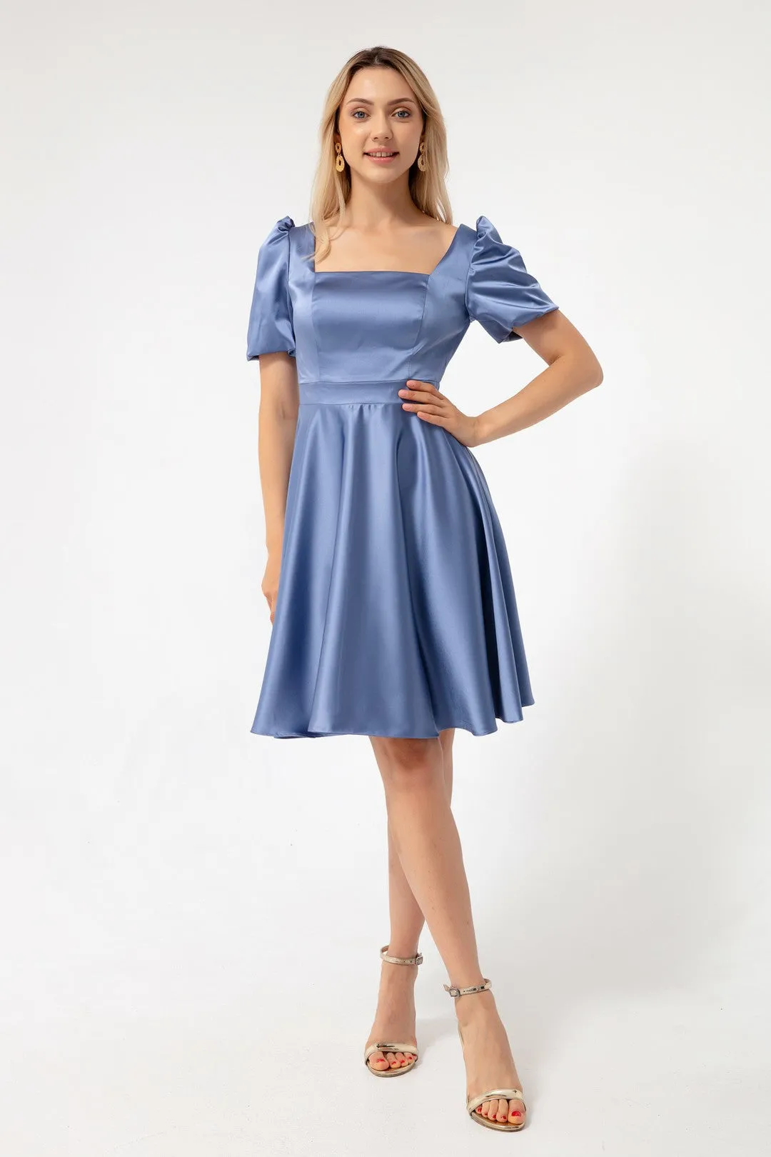 Female Balloon Sleeve Clash Cut Mini Satin Evening Dress