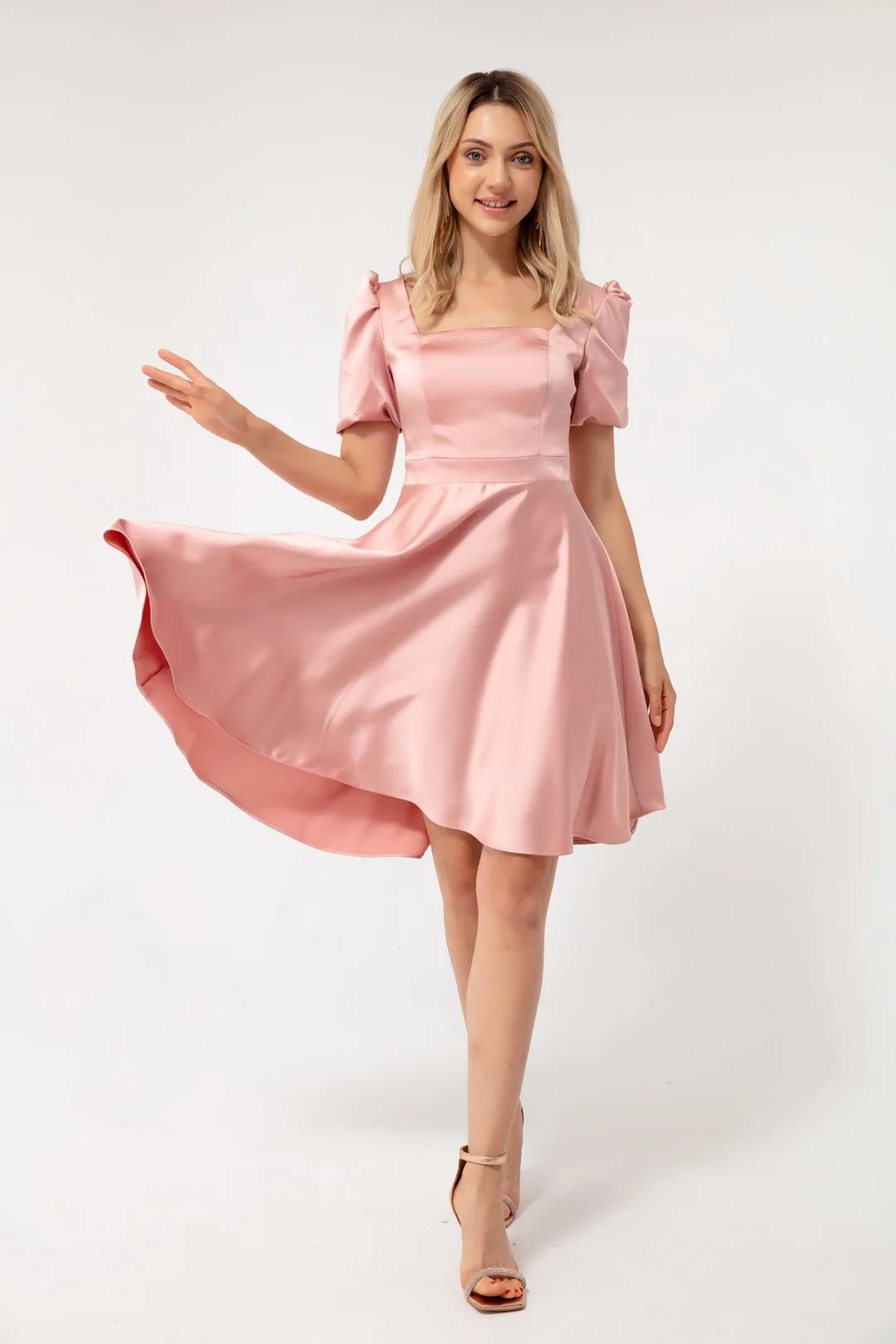 Female Balloon Sleeve Clash Cut Mini Satin Evening Dress