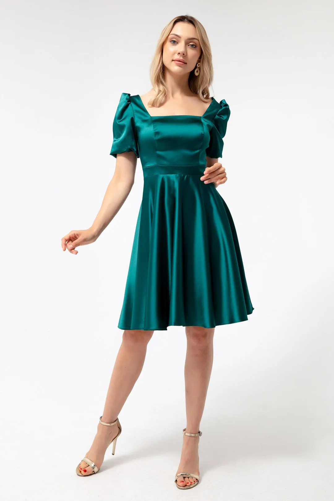 Female Balloon Sleeve Clash Cut Mini Satin Evening Dress