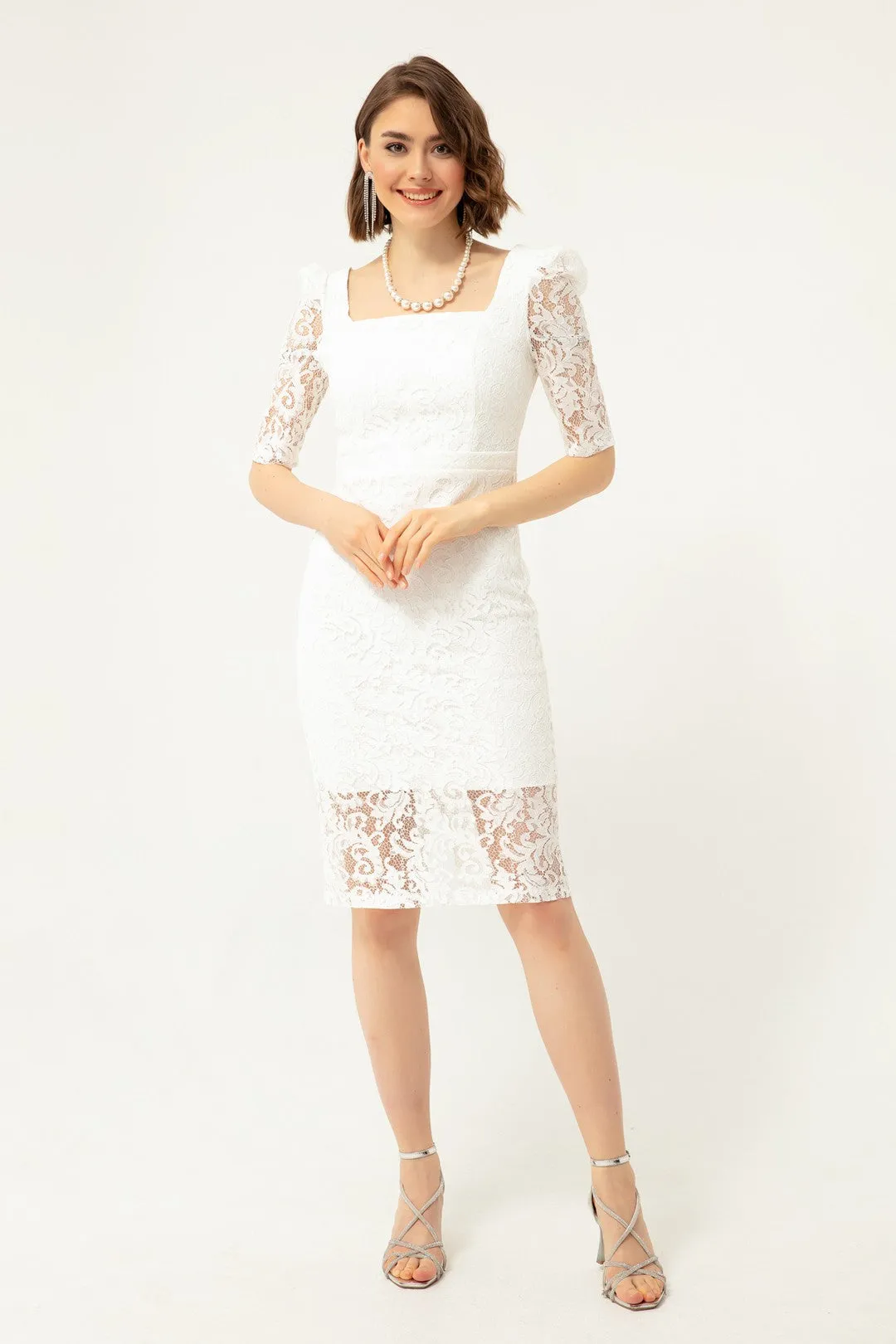 Female Square Collar Lace Midi Evening Dress