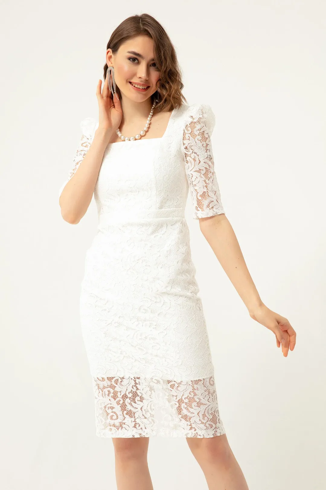 Female Square Collar Lace Midi Evening Dress