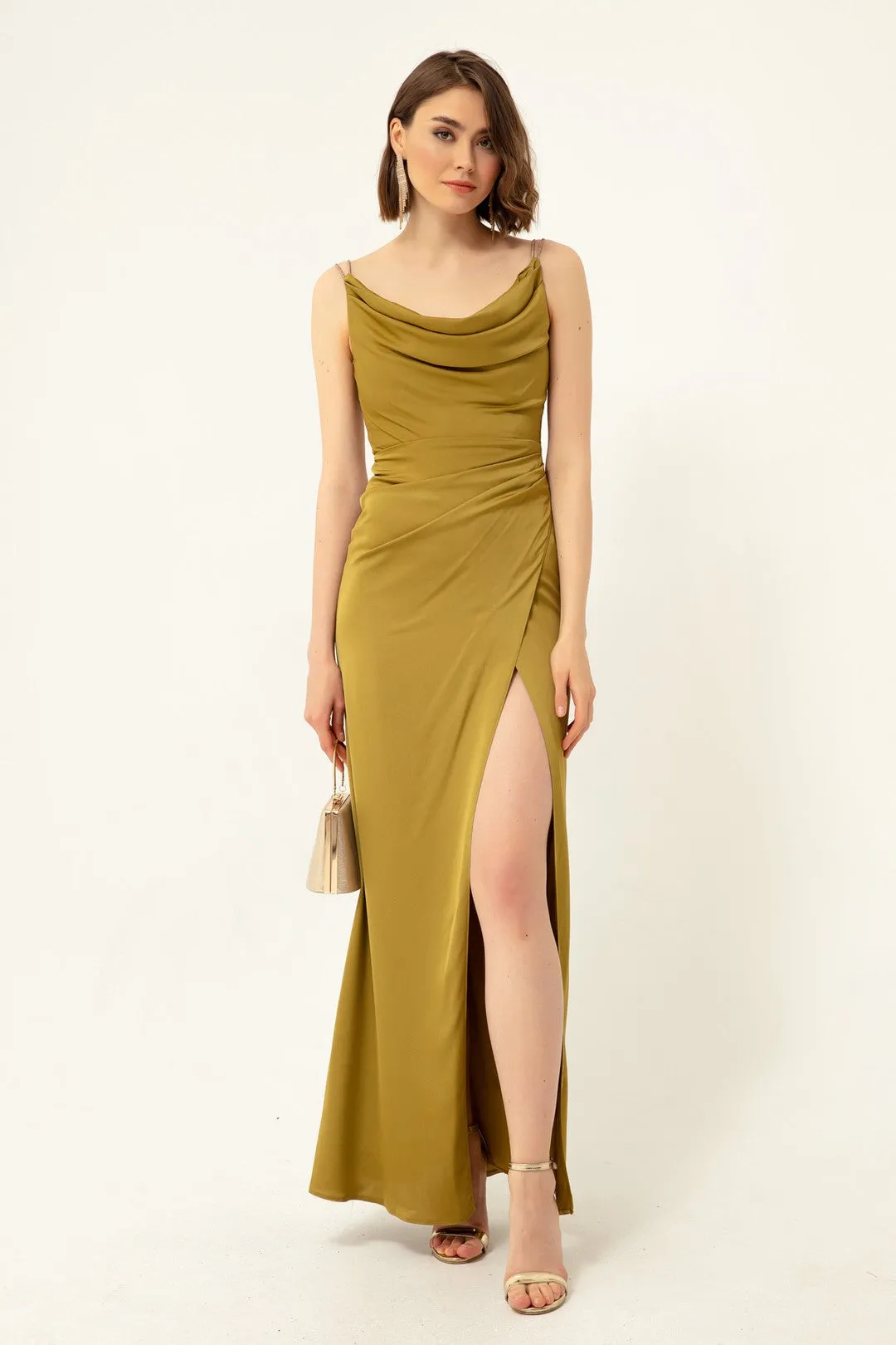 Female Stone Hanger Degage Collar Satin Evening Dress