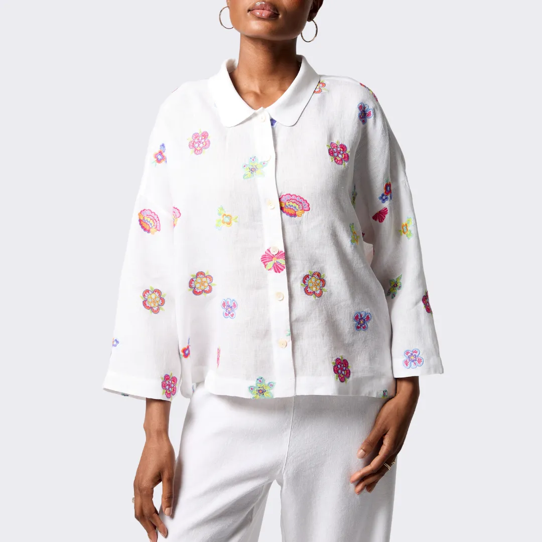 Floral Embroidery Boxy Shirt - White/Multi