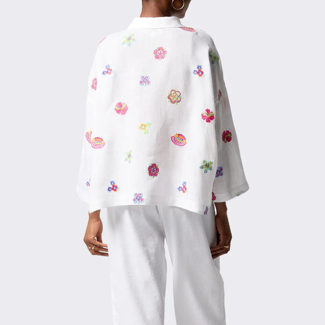 Floral Embroidery Boxy Shirt - White/Multi