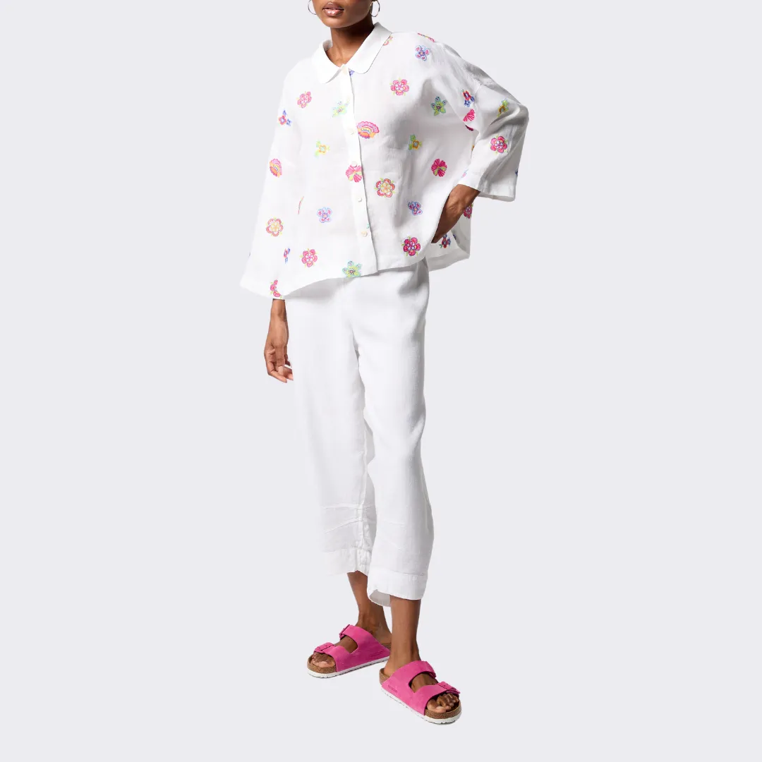 Floral Embroidery Boxy Shirt - White/Multi