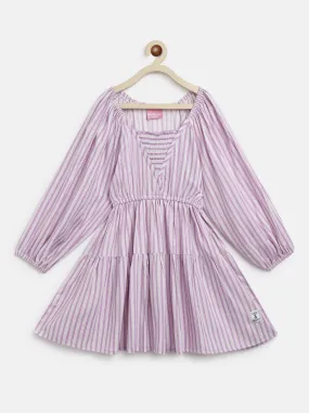 Girls Pink Rayon Regular Fit Full Sleeves Stripe Dress