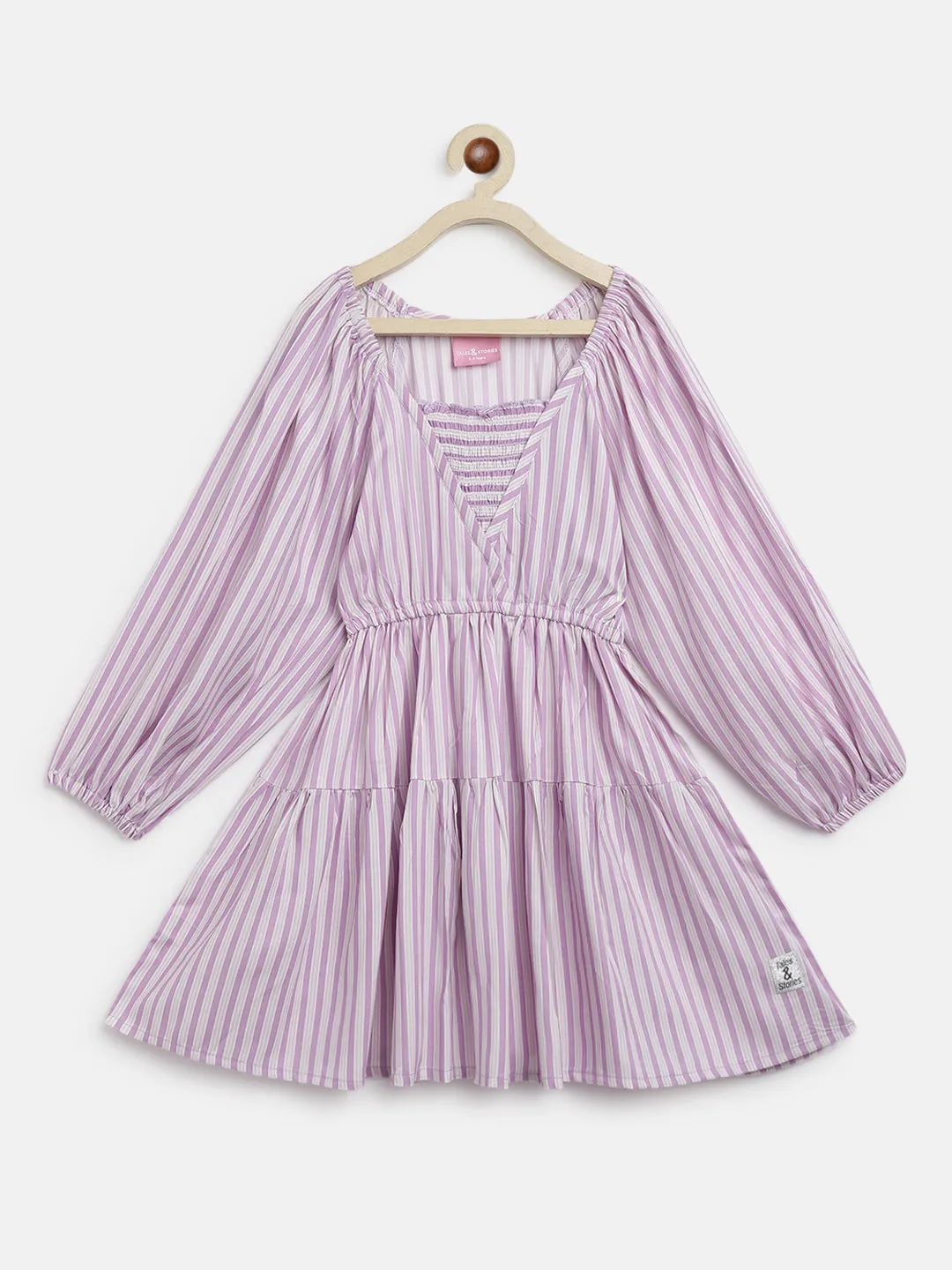 Girls Pink Rayon Regular Fit Full Sleeves Stripe Dress