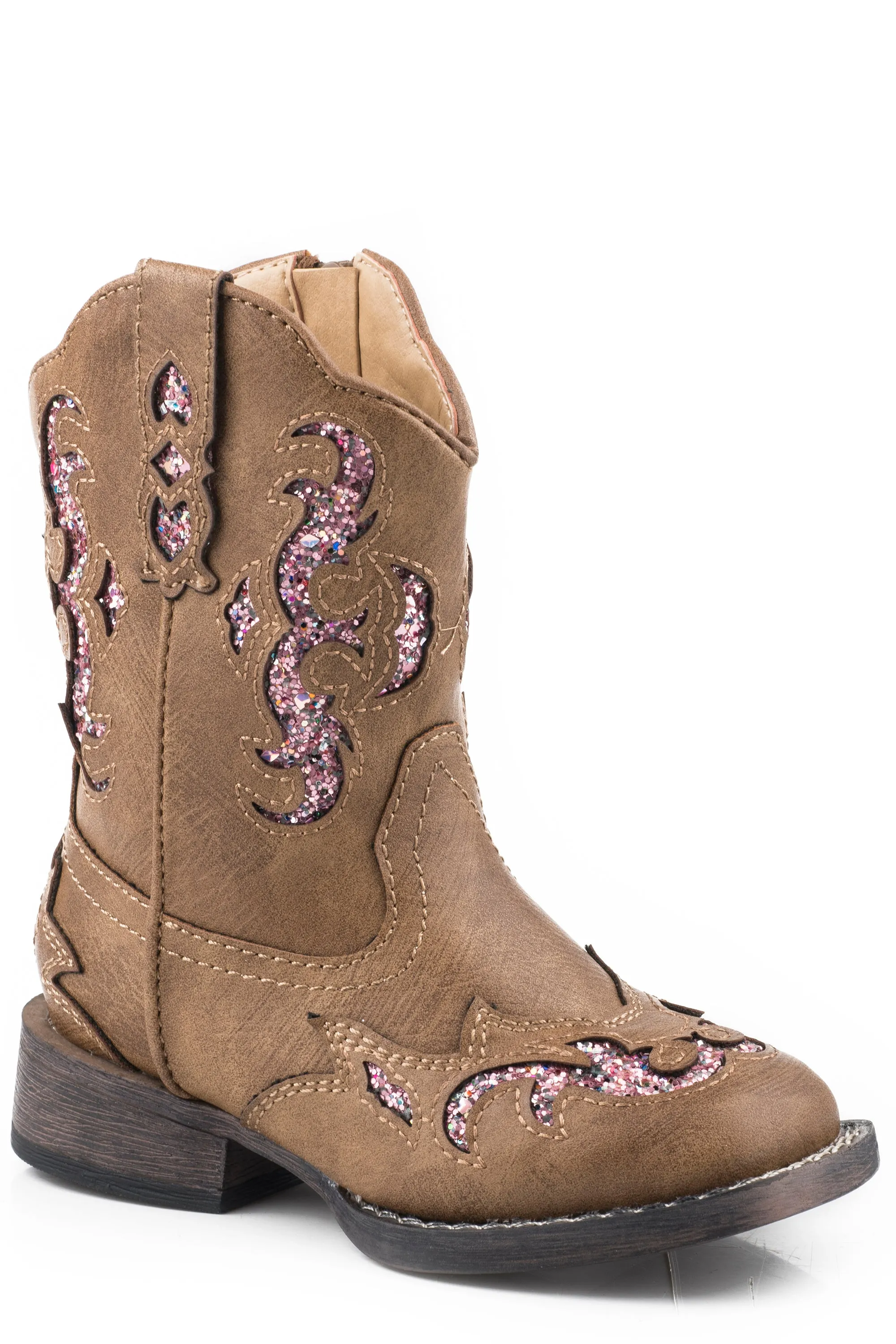 Girls Roper Tan Square Toe Toddler Boot w/ Pink Glitter Underlay