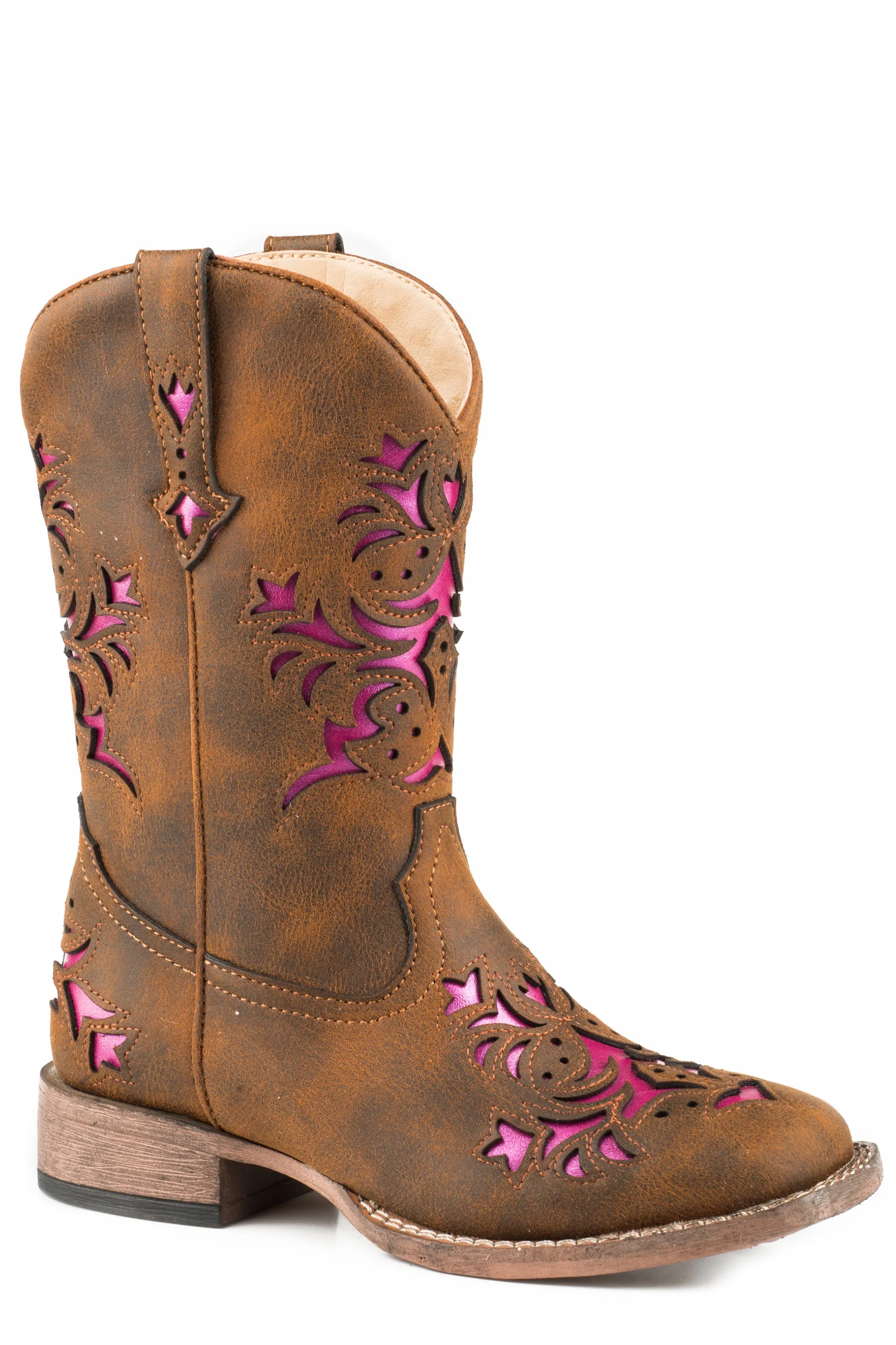 Girl's Vintage Brown Western Boot w/ Pink Underlay