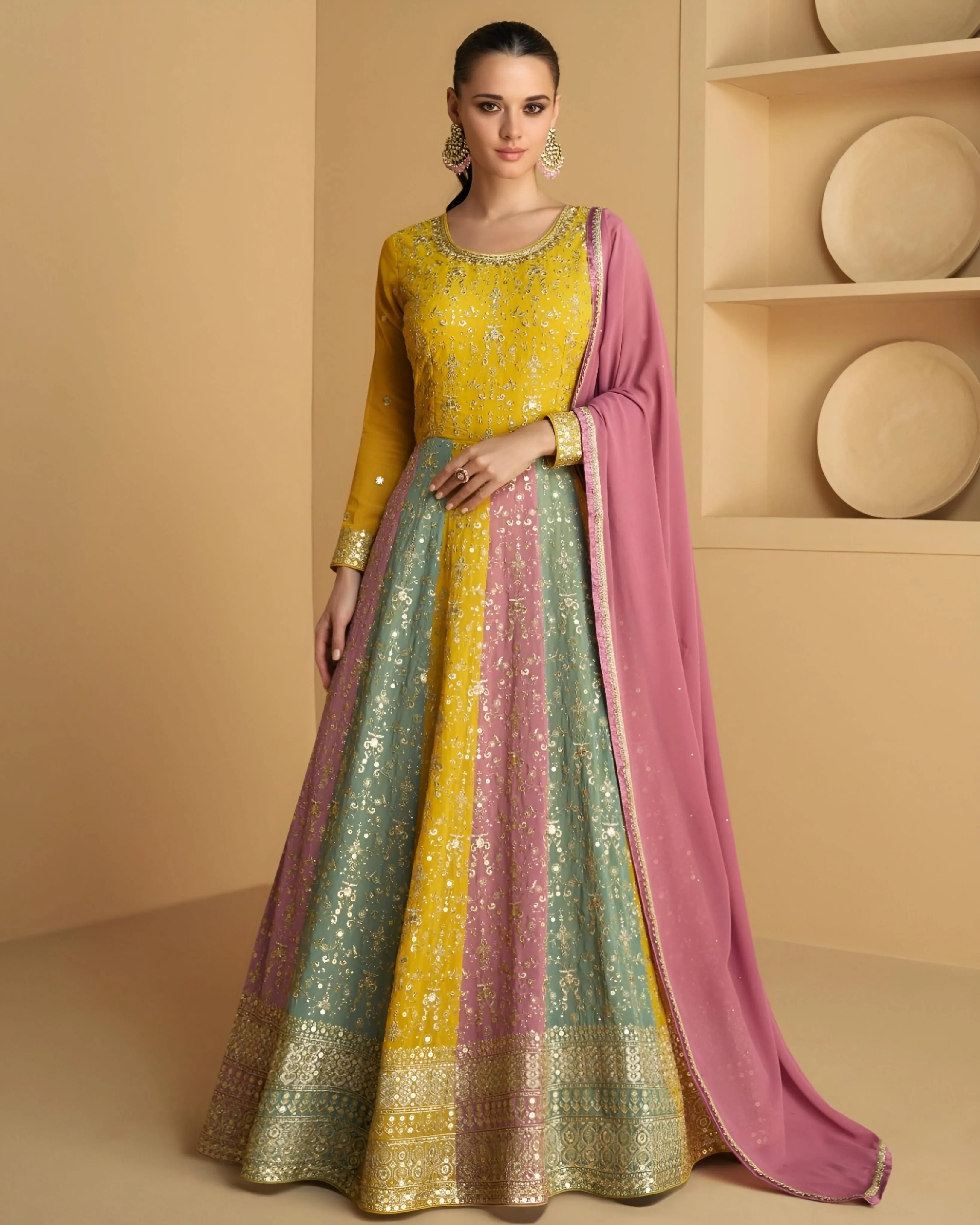 Gold Embroidered Multi colour Anarkali Gown