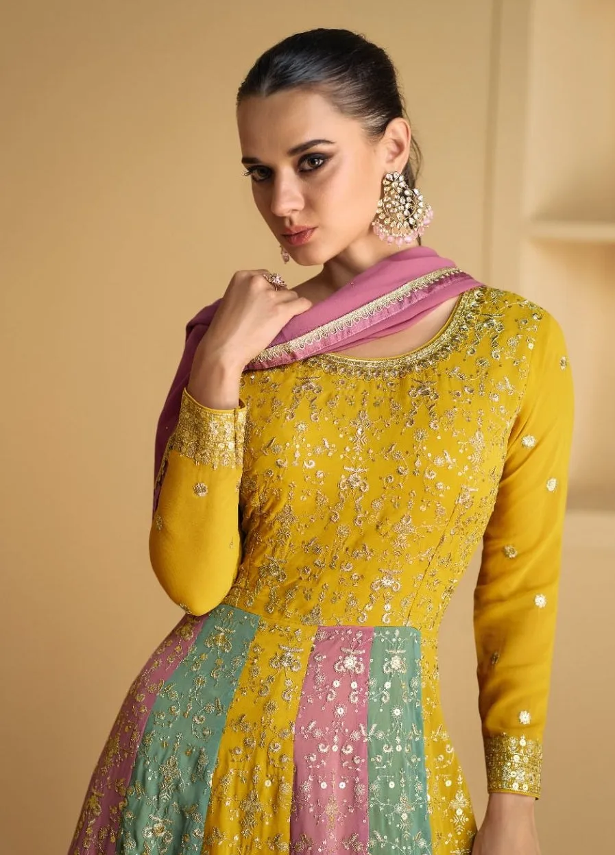 Gold Embroidered Multi colour Anarkali Gown