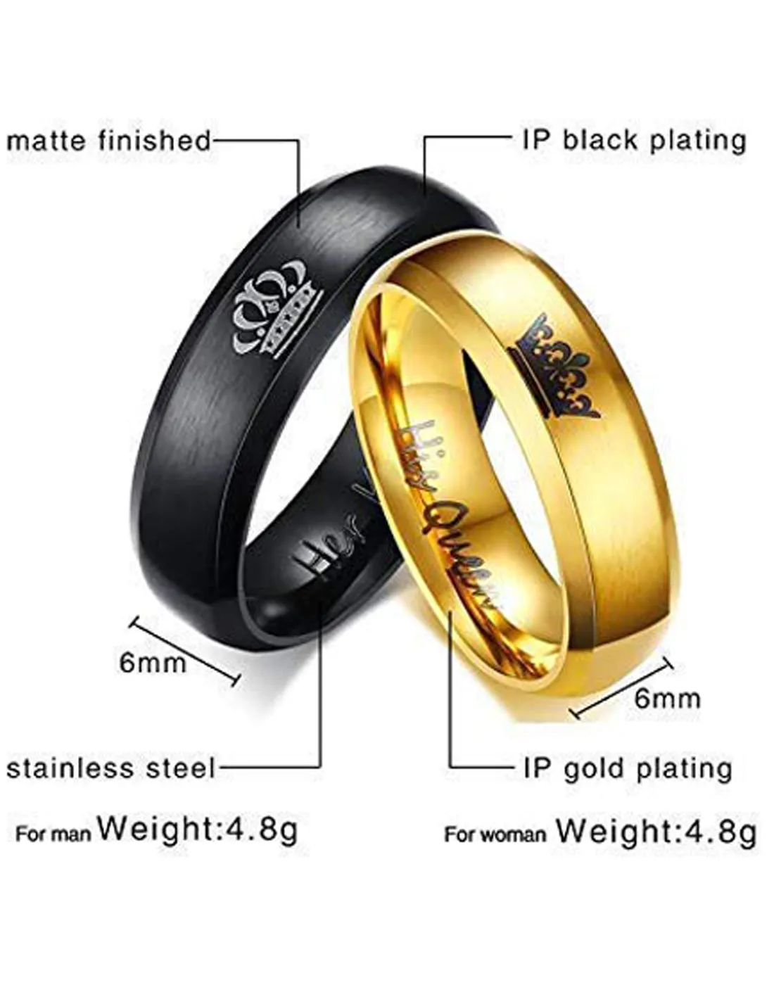 Golden Titanium Elegant King and Queen Couple Band Ring