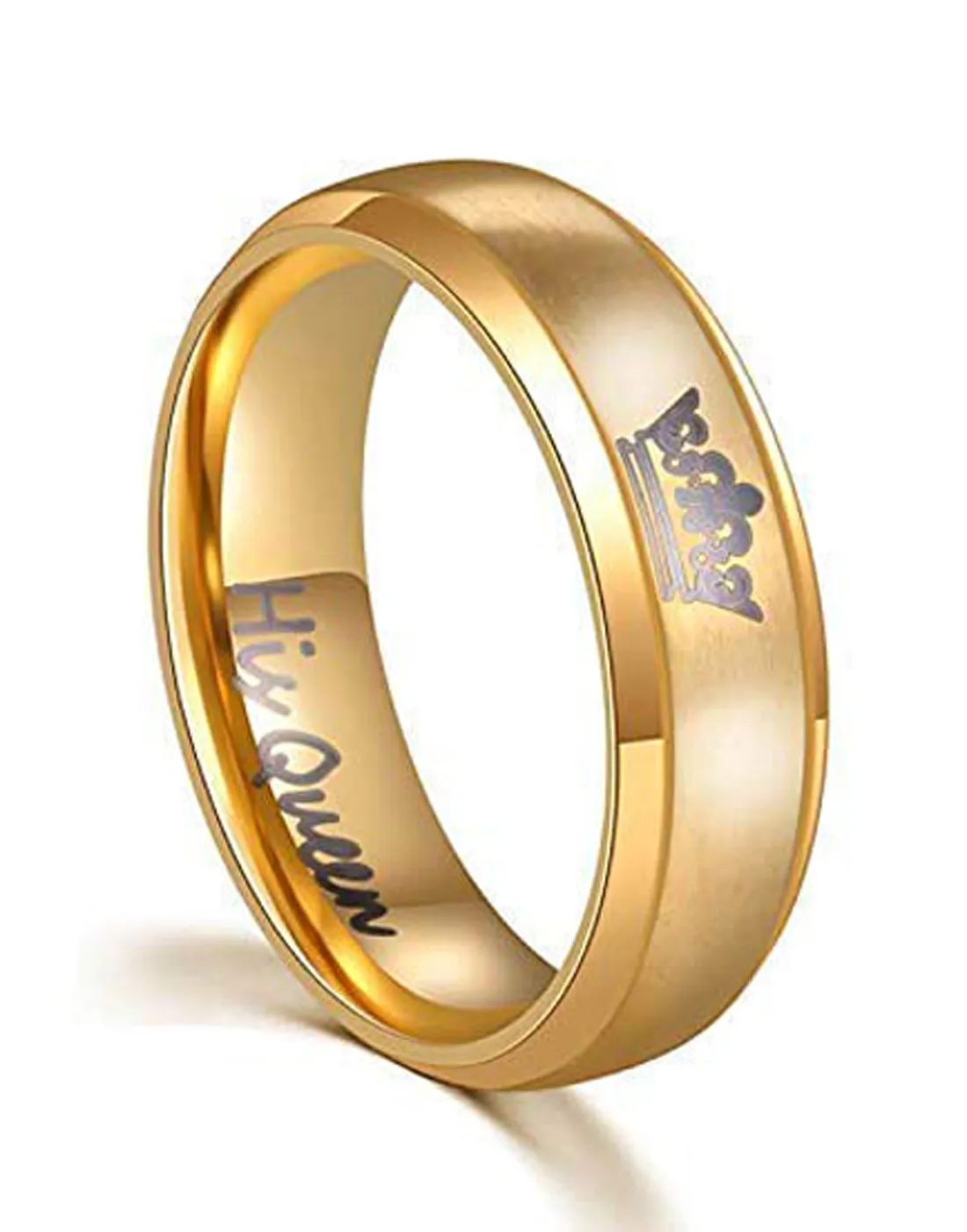 Golden Titanium Elegant King and Queen Couple Band Ring