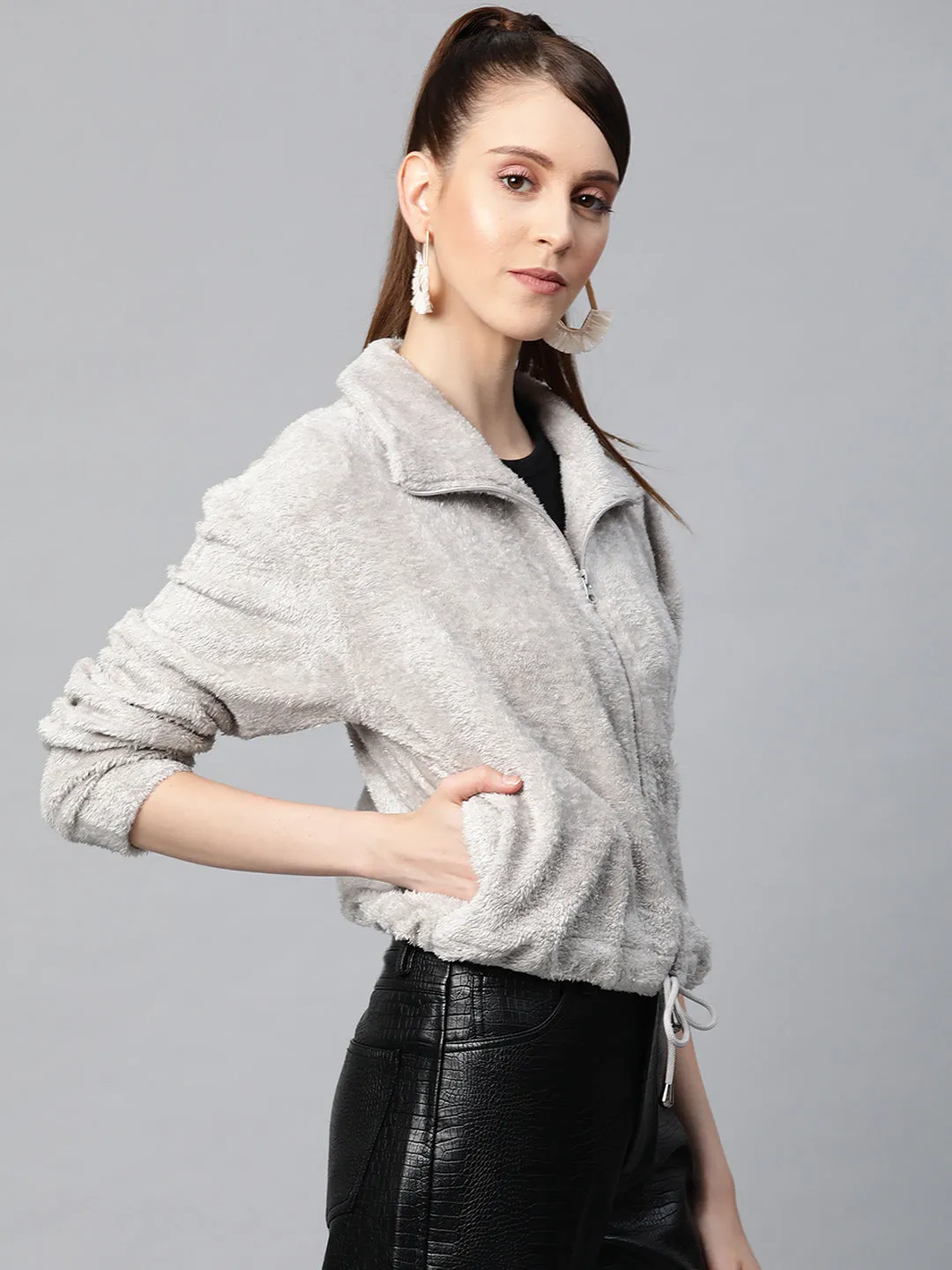 Grey Drawstring Faux Fur Jacket