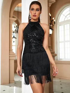 Halter Neck Fringe Skirt Sequins Evening Party Mini Dress - Black