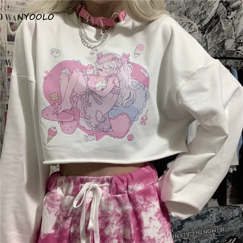 Harajuku kawaii cute cartoon Anime girl print long sleeve white hoody women sweet tops Autumn loose Pullovers sweatshirt