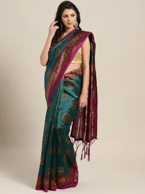 Ishin Art Silk Turquoise Blue & Pink Ethnic Motifs Printed Women's Saree With Tassels