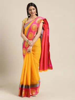 Ishin Chanderi Gadhwal Mustard Yellow With Golden Zari Woven Women's Saree