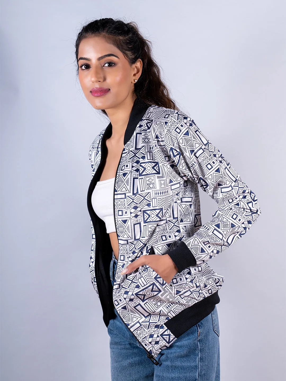 Light Grey Geometric Printed Velvet Jacket