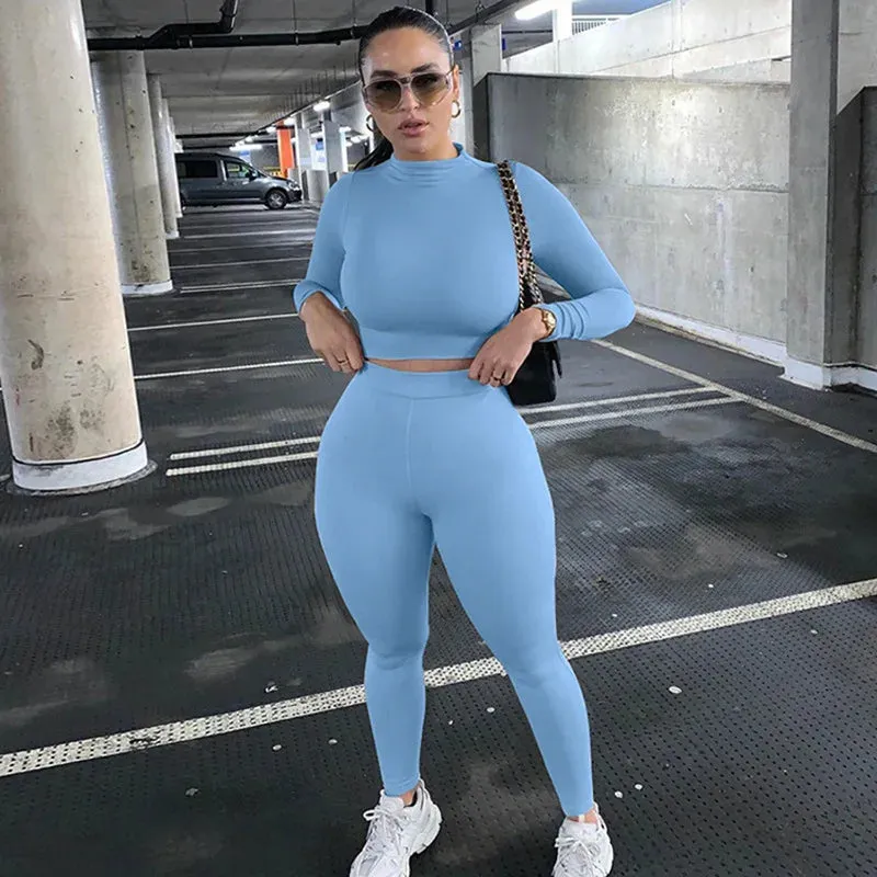 Long Sleeve Crop Top   Leggings Bodycon Tracksuit