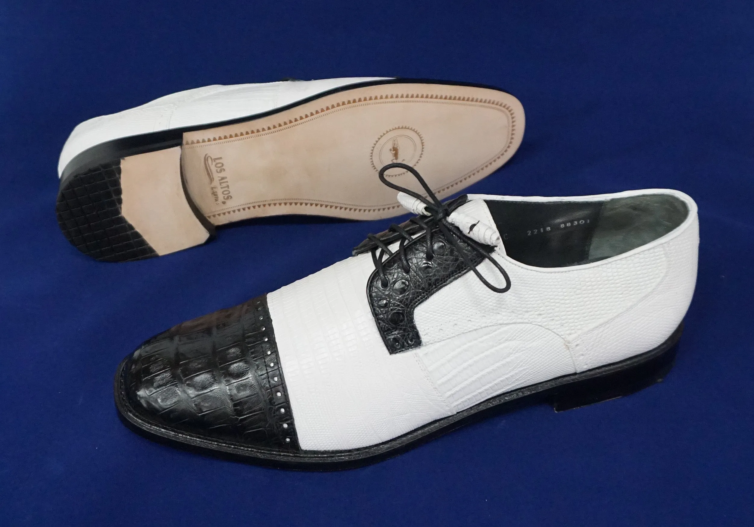 Los Altos Two Tone Caiman Belly and Lizard skin Cap Toe Shoe (Black & White)