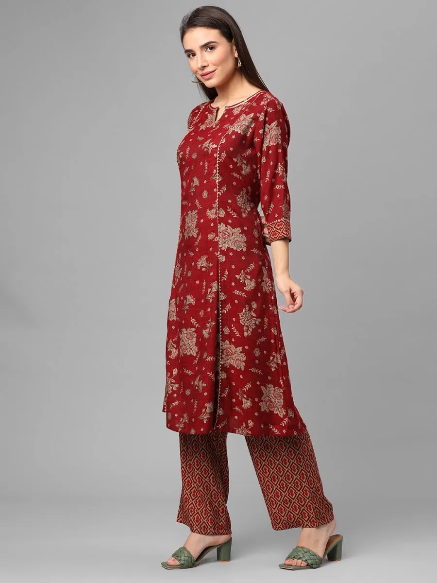 Maroon Floral Printed Kurta With Comfort Pant