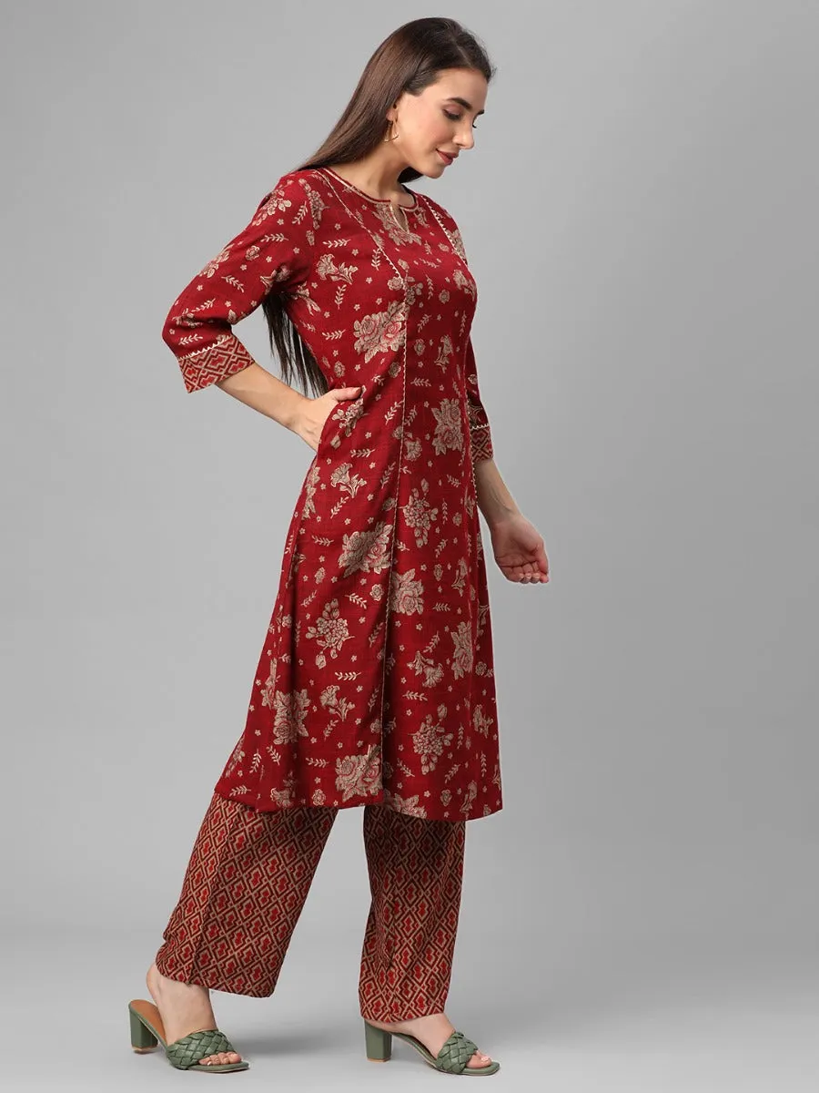 Maroon Floral Printed Kurta With Comfort Pant